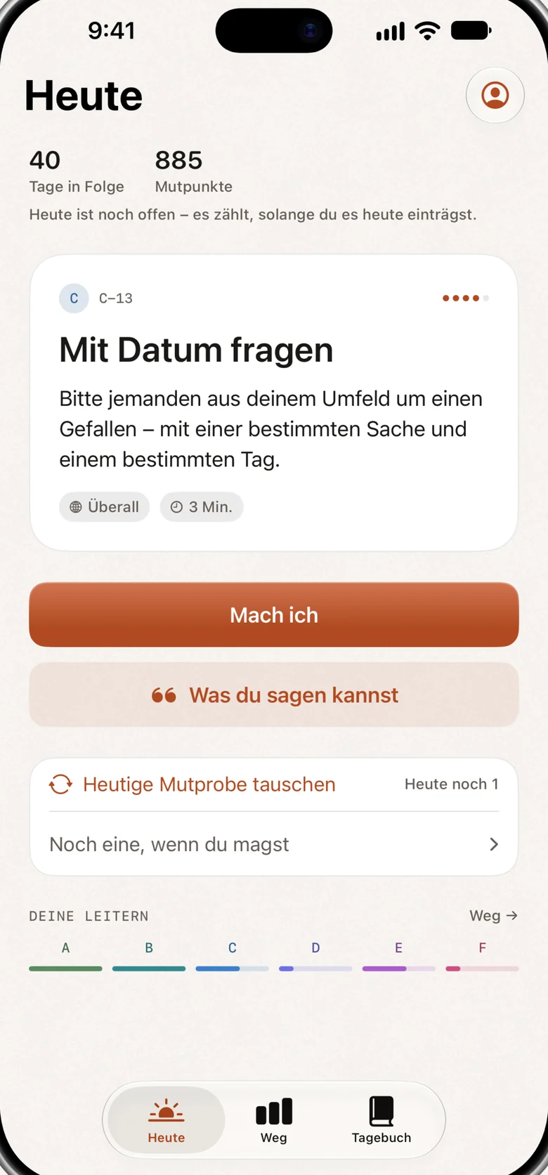 DayDare auf dem iPhone: der Bildschirm „Heute“ mit einer Mutprobe, einer Taste zum Starten und einer Taste für die Worte, die du sagen kannst.