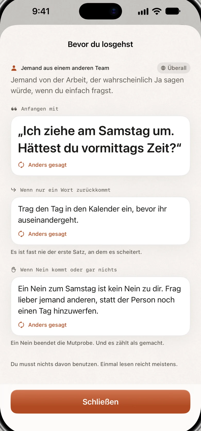 Der Bildschirm „Bevor du losgehst“: eine Szene, ein Einstieg, ein Satz für die knappe Antwort und einer für ein Nein.
