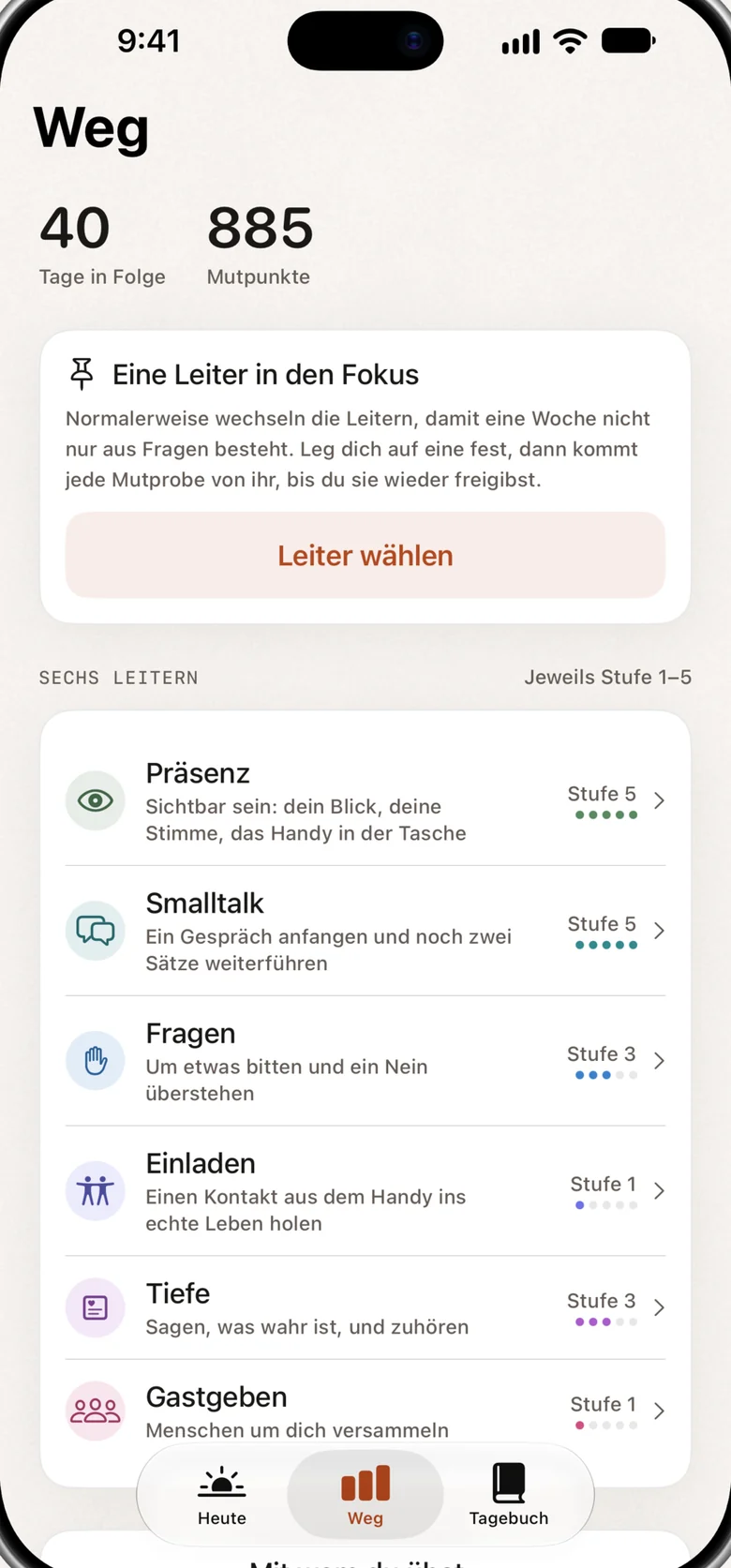 Der Bildschirm „Weg“: deine Serie, deine Punkte und sechs Leitern mit der aktuellen Stufe.