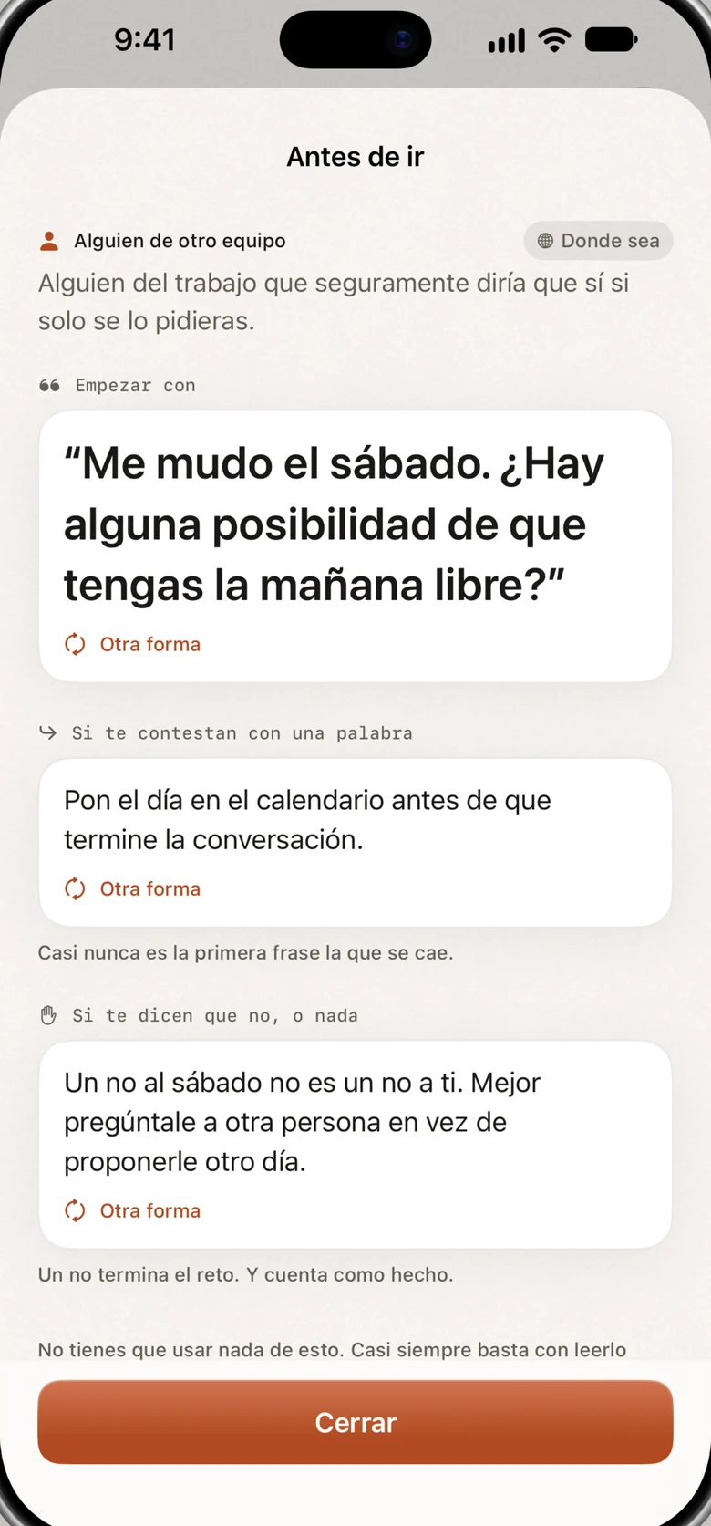 La hoja “Antes de ir”: una escena, una frase para empezar, otra para una respuesta de una palabra y otra para un no.