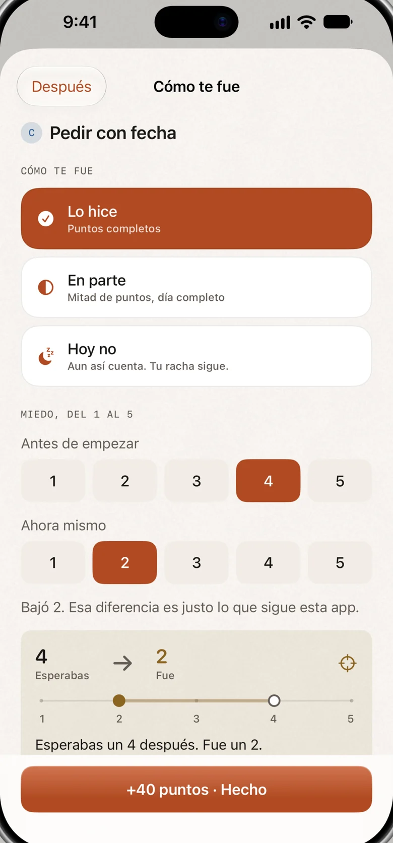 La pantalla “Cómo te fue”: tres respuestas, una valoración del miedo antes y después, y la diferencia entre tu pronóstico y el número real.