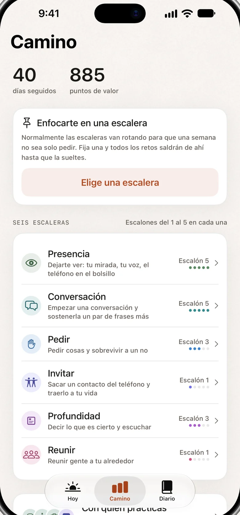 La pantalla Camino: tu racha, tus puntos y seis escaleras con su escalón actual.