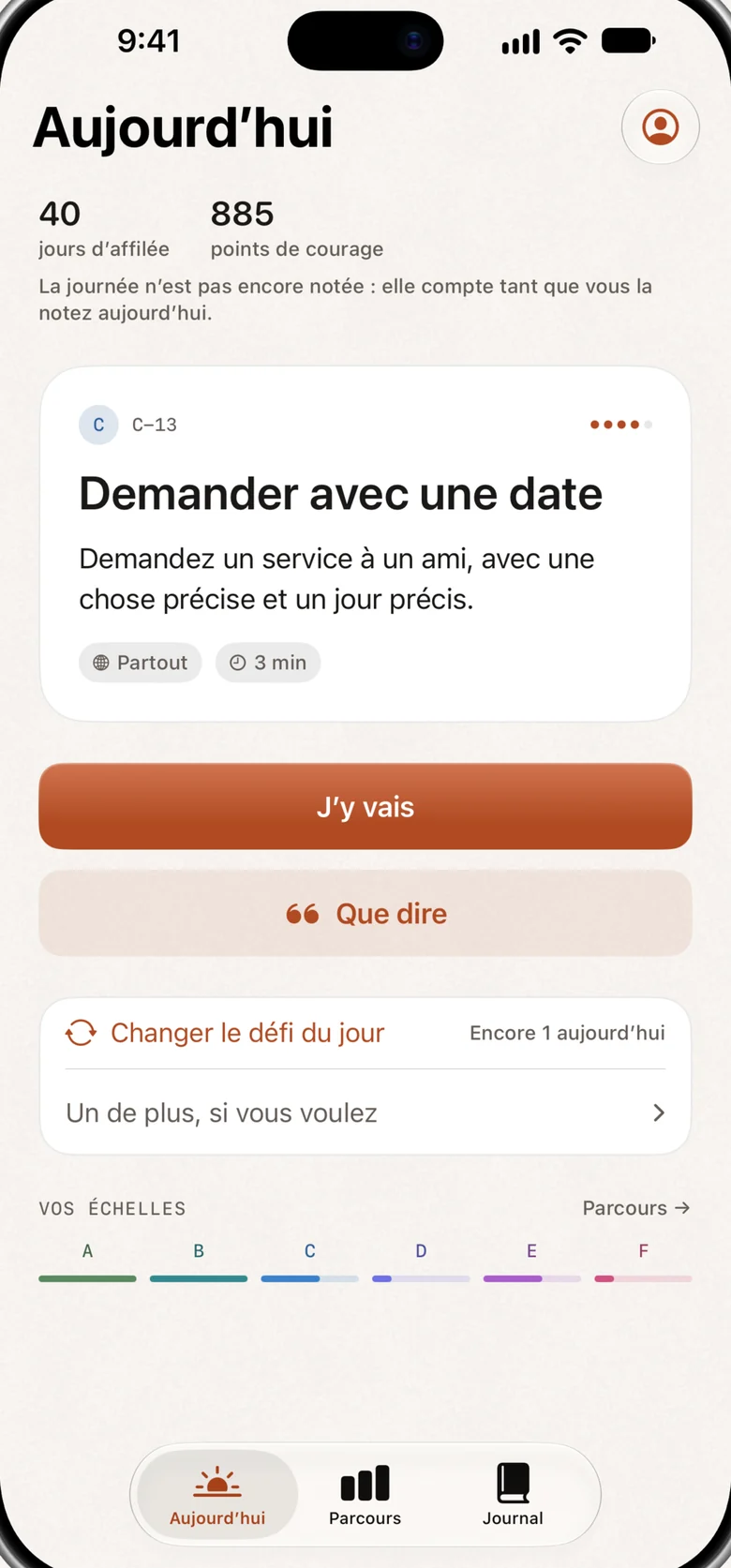 DayDare sur iPhone : l’écran Aujourd’hui avec un défi, un bouton pour s’y lancer et un bouton pour les mots à dire.