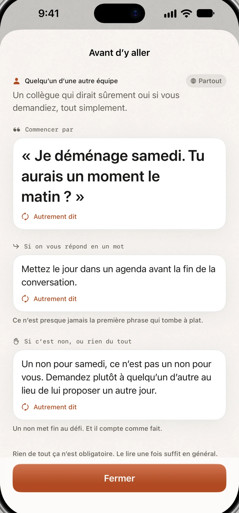 L’écran « Avant d’y aller » : une scène, une phrase pour commencer, une phrase pour une réponse en un mot et une phrase pour un non.