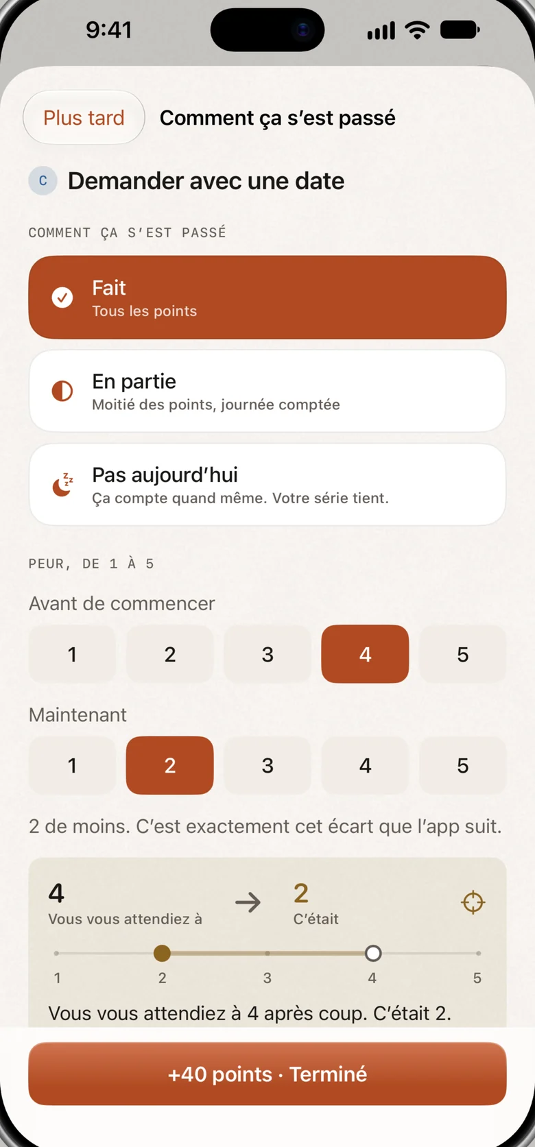 L’écran « Comment ça s’est passé » : trois issues, une note de peur avant et après, et l’écart entre votre prévision et le vrai chiffre.