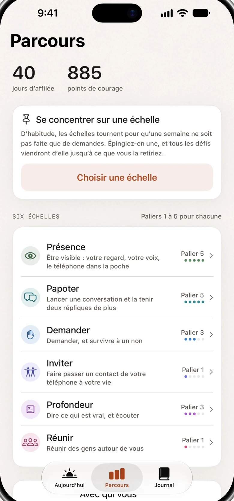 L’écran Parcours : votre série, vos points et six échelles avec leur palier actuel.