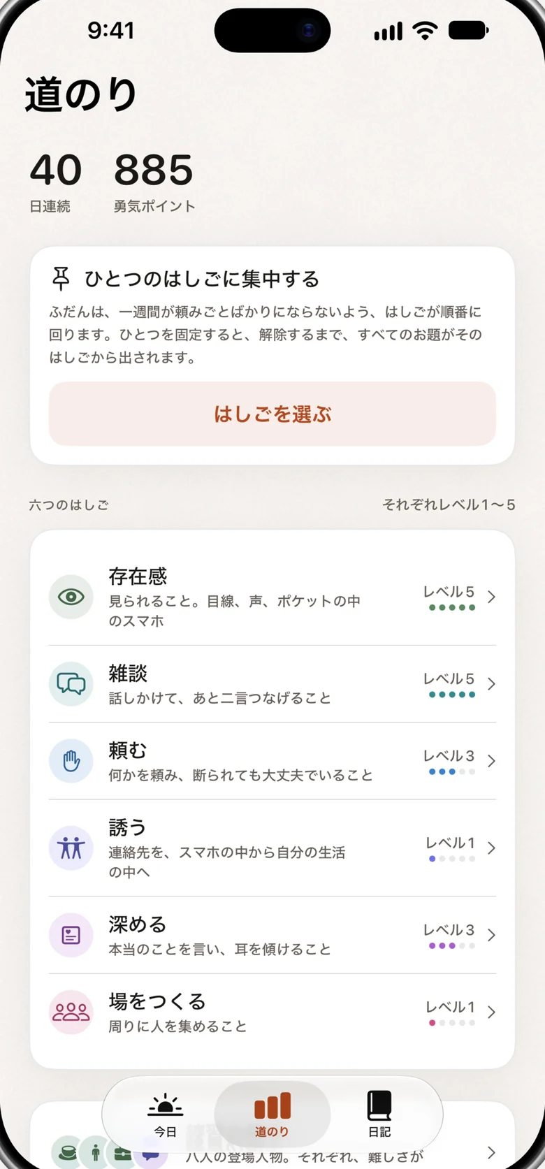 「道のり」の画面。連続記録、ポイント、そして六つのはしごと現在のレベル。